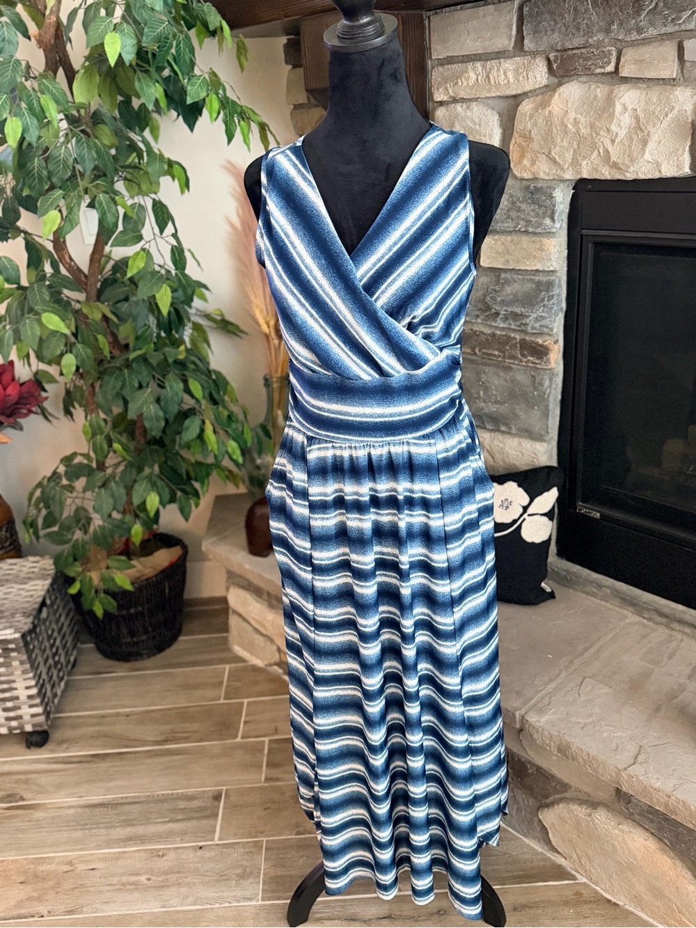 French Laundry Blue Striped Maxi Dress with pockets
